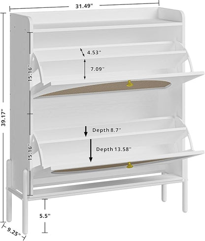 IRONCK Shoe Cabinet Storage with 2 Flip Drawers, Free Standing Wooden Shoe Storage Organizer Cabinet with Rattan Doors for Entryway, Narrow Shoe Rack Cabinet, White