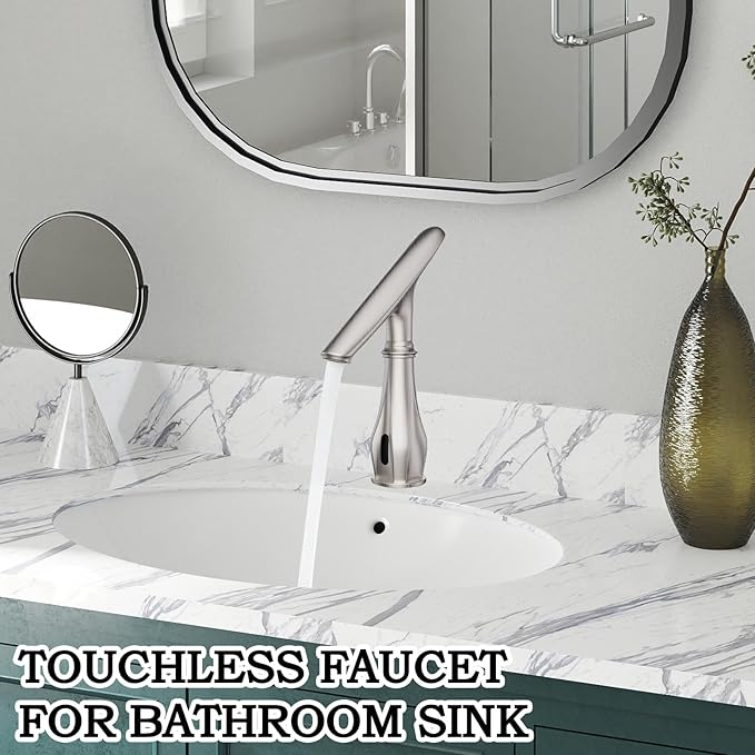 Touchless Bathroom Sink Faucets, Brushed Nickel Bathroom Faucet Single Hole, Automatic Motion Sensor Battery Operated with Cover Plate and Mixing Valve for Commercial and Home