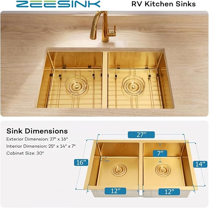 Gold RV Kitchen Sink 27 X 16 inch,50/50 Double Bowl Undermount Kitchen Sink,16 Gauge Stainless Steel Kitchen Sinks for RV
