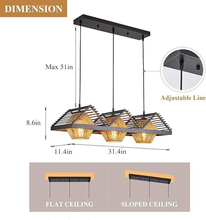 3-Lights Boho Chandelier,Dining Room Light Fixtures Over Table with Handwoven Shade, Rustic Pendant Lights for Kitchen Island,Adjustable Height Hanging Light