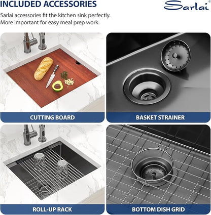 Sarlai 21 Black Undermount Sink - 21" x 19" Bar Sink Ledge Workstation Gunmetal Black Stainless Steel 16 Gauge Single Bowl Under Counter Bar Prep RV Camper Kitchen Sinks Basin with Accessories