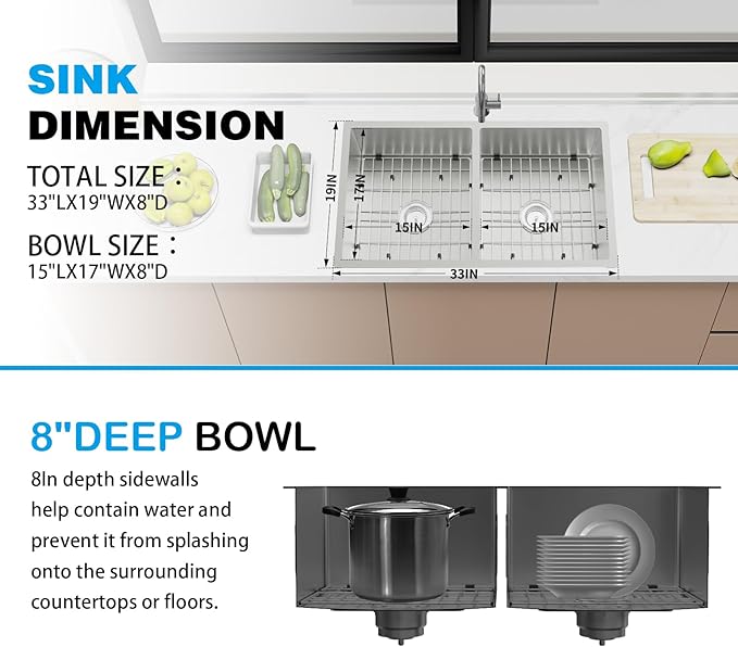 Kitchen Sink, 50/50 Double Bowl 33x19x8 Inch Undermount Stainless Steel Drop In Large Kitchen Sink Combo-Stainless Grid, Silicon Mat, Installation Clips For Modern SS Stylish Kitchen&Bar