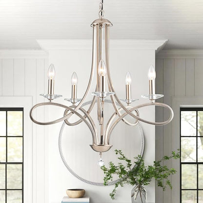 Modern Brushed Nickel Finish Chandeliers, 5-Lights Farmhouse Candle Scroll Arms Dining Room Light Fixture Industrial Ceiling Hang Light Fixture