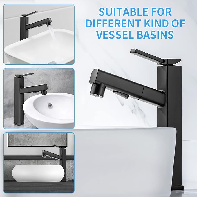 HANLIAN Single Handle Pull Out Bathroom Vessel Sink Faucet with Rotating Spout, Modern Single Hole Tall Bathroom Faucet with Pull Down Sprayer, One Hole High Bathroom Sink Faucet Black with 3 Modes