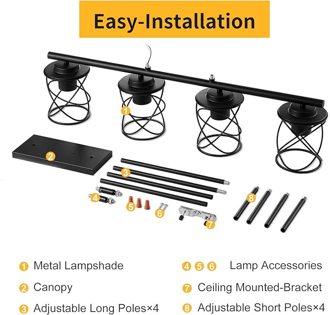 mavcadonf 4-Light UL Certified Farmhouse Linear Pendant Light, Black Metal Adjustable Kitchen Island Light with Sloped Ceiling Compatible, Hanging Light for Dining Room Living Room Foyer