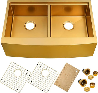 33 Inch Gold Farmhouse Sink Undermount Double Bowl, 16 Gauge 50/50 Stainless Steel Apron Front Workstation Far Sink, 33"x20"x10" Large and Deep Kitchen Sink With Accessories
