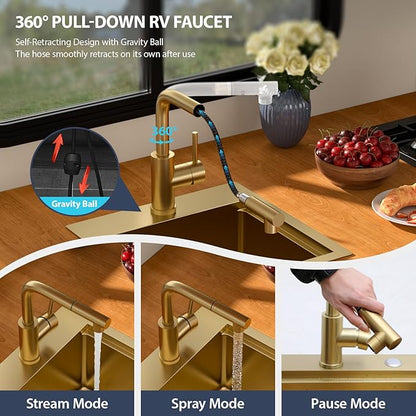 15 Outdoor Kitchen Sink with Faucet- Beslend Gold Drop In Outdoor Bar Sink with Pull-Out Faucet and Cover, 16 Gauge Stainless Steel Kitchen Sinks Workstation Single Bowl Above Counter Indoor Outdoor