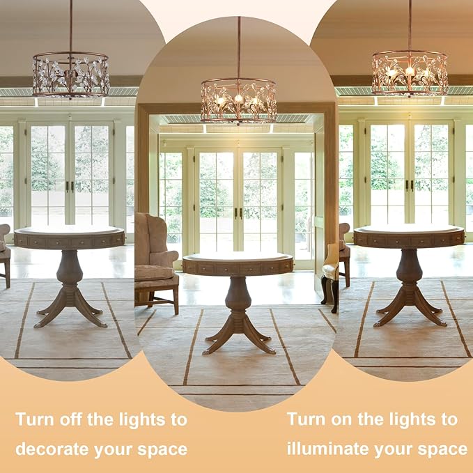 Vintage Crystal Round Chandelier, 15.7" Drum Chandeliers for Dining Room, 3-Lights Kitchen Chandelier Over Table, Hanging Pendant Light Fixture for Entryway Living Room