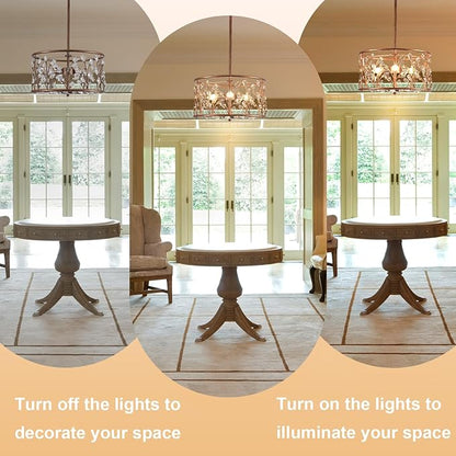 Vintage Crystal Round Chandelier, 15.7" Drum Chandeliers for Dining Room, 3-Lights Kitchen Chandelier Over Table, Hanging Pendant Light Fixture for Entryway Living Room