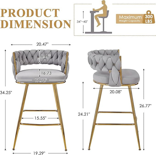 VECELO Bar Stools Set of 2, Counter Height Bar Stools, 26 inch Seat Barstools with Woven Back and Footrest for Kitchen Island Counter, Grey