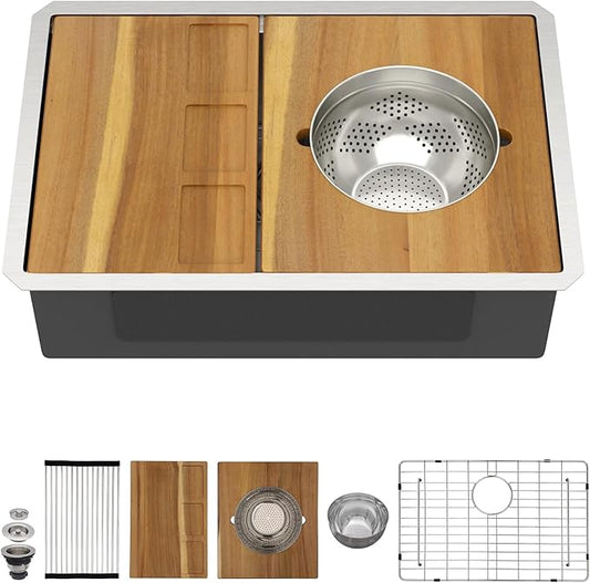 28 Inch Undermount Kitchen Sink - Workstation All-In One 16 Gauge 304 Stainless Steel Single Bowl KItchen Sink with Mixing Bowl, Pasta Strainer, and Cutting Board #TLU-0040
