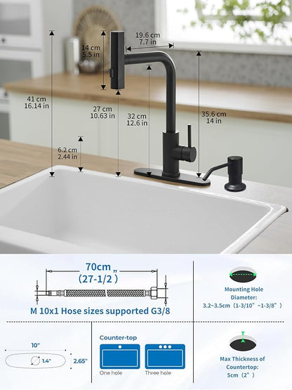 Black Kitchen Faucets with Pull Down Sprayer,Waterfall Kitchen Sink Faucet with Soap Dispenser,Utility Stainless Steel Kitchen Faucet,Single Handle Kitchen Faucet with Pull Down Sprayer for 3 Function