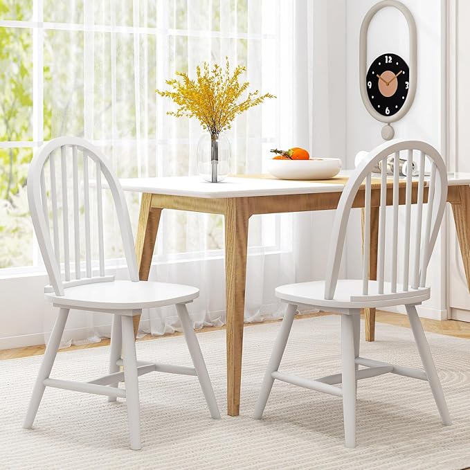 HAPPYGRILL 2 Pieces Wooden Dining Chairs Set, Vintage Armless Windsor Chairs, Kitchen Dining Chairs with Backrest, White