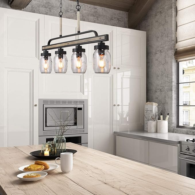 LOG BARN Rustic Mason Jar Lights, Farmhouse Chandelier Metal Finish with Glass Shades, Linear Hanging Pendant for Kitchen Island, Dining Room