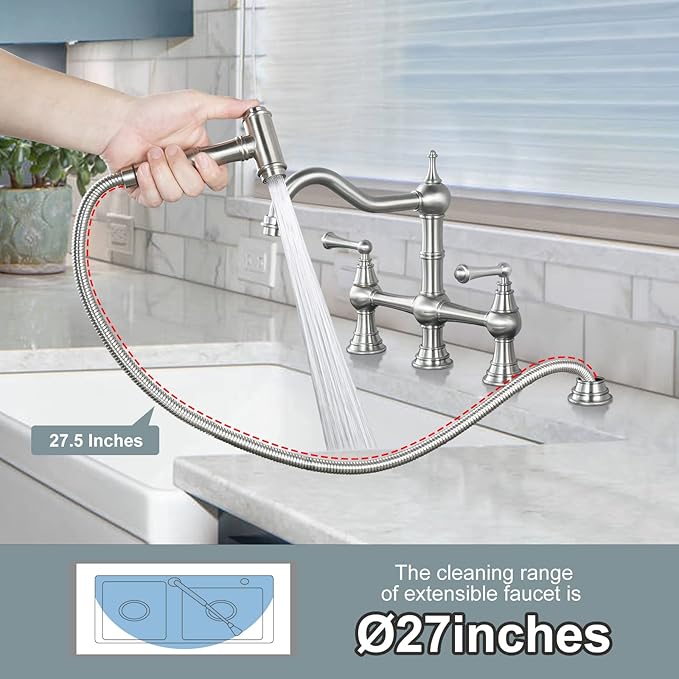 WOWOW 8 inch Centerset Bridge Kitchen Faucet with Brass Side Sprayer 2 Handles 4 Holes Antique Classic Heritage Deck-Mount Kitchen Sink Faucet, Brushed Nickel