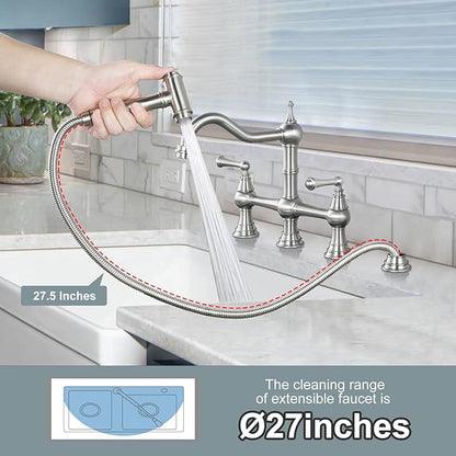 WOWOW 8 inch Centerset Bridge Kitchen Faucet with Brass Side Sprayer 2 Handles 4 Holes Antique Classic Heritage Deck-Mount Kitchen Sink Faucet, Brushed Nickel
