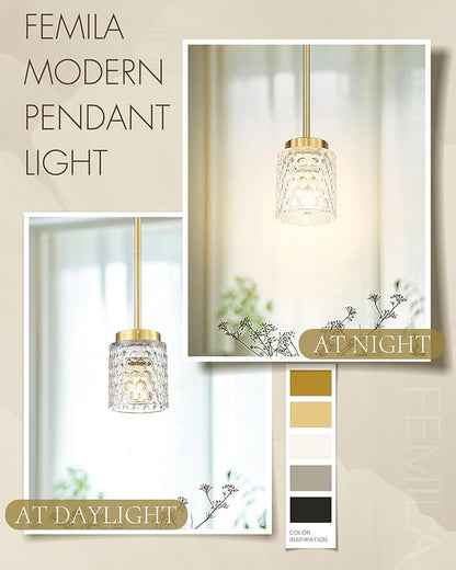 FEMILA Gold Pendant Light, 4" Pendant Light Fixtures, Kitchen Island Lighting, Hammered Glass, E26 Base, 4FY86MIL BG