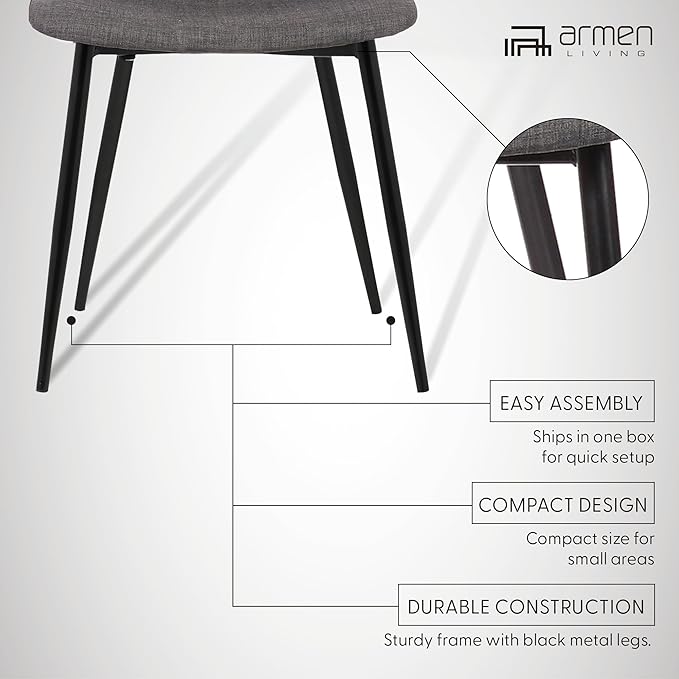 Armen Living Monte Mid Century Modern Dining Accent Chair for Table Kitchen Desk Vanity in Charcoal Gray Fabric Upholstery with Black Metal Legs
