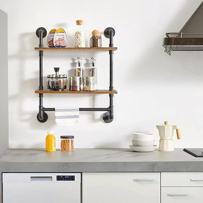 IBUYKE Pipe Floating Shelves,Rustic Iron 28.5 inches Industrial Pipe Shelf,2-Tier Wall Shelf with Towel Bar,Wall Mount Bookshelf for Bedroom,Kitchen,Living Room,Bathroom URF-TM014