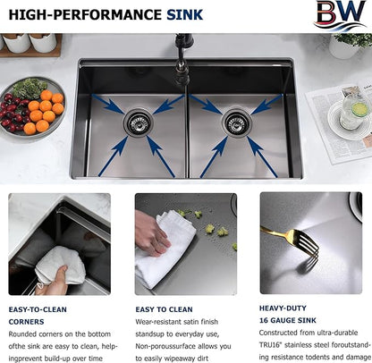 30 Inch Black Undermount Double Bowl Kitchen Sink - 16 Gauge Stainless Steel Undermount Workstation Kitchen Sink Double Bowl 50/50, 30x19 Inch