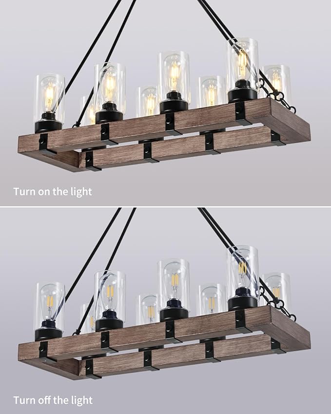 8-Light Wooden Island Pendant with Clear Glass Shades Rustic Linear Pendant Light Ideal for Kitchens, Dining Rooms, and Bars