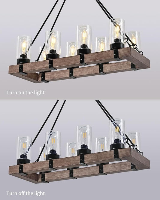 8-Light Wooden Island Pendant with Clear Glass Shades Rustic Linear Pendant Light Ideal for Kitchens, Dining Rooms, and Bars