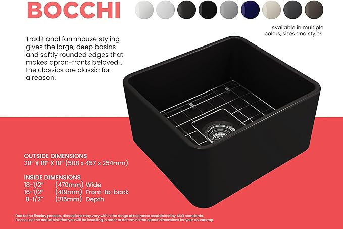 BOCCHI Classico Farmhouse Apron Front Fireclay 20 in. Single Bowl Kitchen Sink with Protective Bottom Grid and Strainer in M.Black