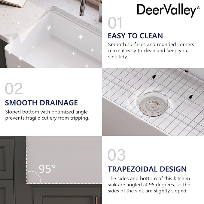 DeerValley Farmhouse Kitchen Sink Workstation 30 inch, White Fireclay Apron Front Farm Sinks, Single Bowl Deep Drop In Undermount Sink with Accessories