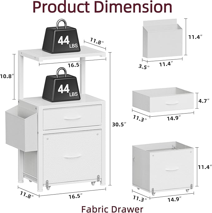 HIGDBFE 2-Drawer File Cabinet, Filing Cabinet with 2-Tier Printer Shelves, Office Cabinets with Side Bag&File Drawer for A4/Letter Size, Printer Stand with Storage for Home Office, White, 16.5" W