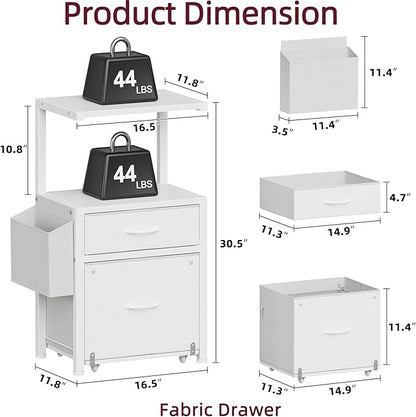 HIGDBFE 2-Drawer File Cabinet, Filing Cabinet with 2-Tier Printer Shelves, Office Cabinets with Side Bag&File Drawer for A4/Letter Size, Printer Stand with Storage for Home Office, White, 16.5" W