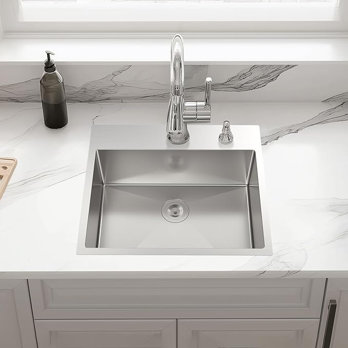Kitchen Sink 25x22 Inch Drop In Kitchen Sink Top Mount 16 Gauge Deep R10 Single Bowl 2-Hole Stainless Steel Sink with Accessories