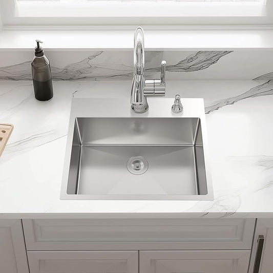 Kitchen Sink 25x22 Inch Drop In Kitchen Sink Top Mount 16 Gauge Deep R10 Single Bowl 2-Hole Stainless Steel Sink with Accessories