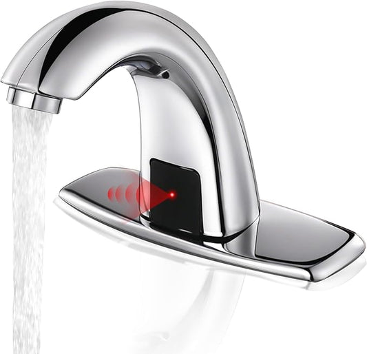 Automatic Touchless Bathroom Sink Faucet Commercial Sensor Motion Activated Hands Free Basin Auto Tap with Deck Cover Plate Battery Operated Temperature Valve Water Saving Modern Stylish（Chrome）