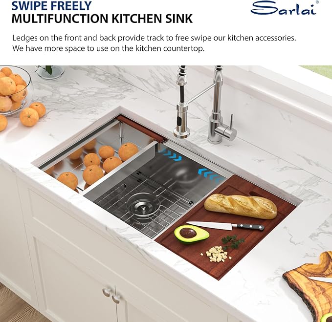 Sarlai 33 Kitchen Sink Double Bowl - 33x19 Inch Undermount Sink16 Gauge Stainless Steel Ledge Workstation Low Divide Double Bowl 60/40 Under Counter Kitchen SinK Basin