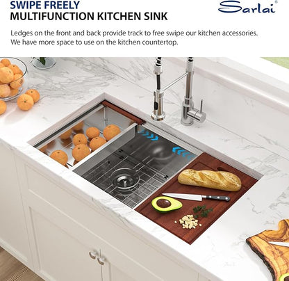 Sarlai 33 Kitchen Sink Double Bowl - 33x19 Inch Undermount Sink16 Gauge Stainless Steel Ledge Workstation Low Divide Double Bowl 60/40 Under Counter Kitchen SinK Basin
