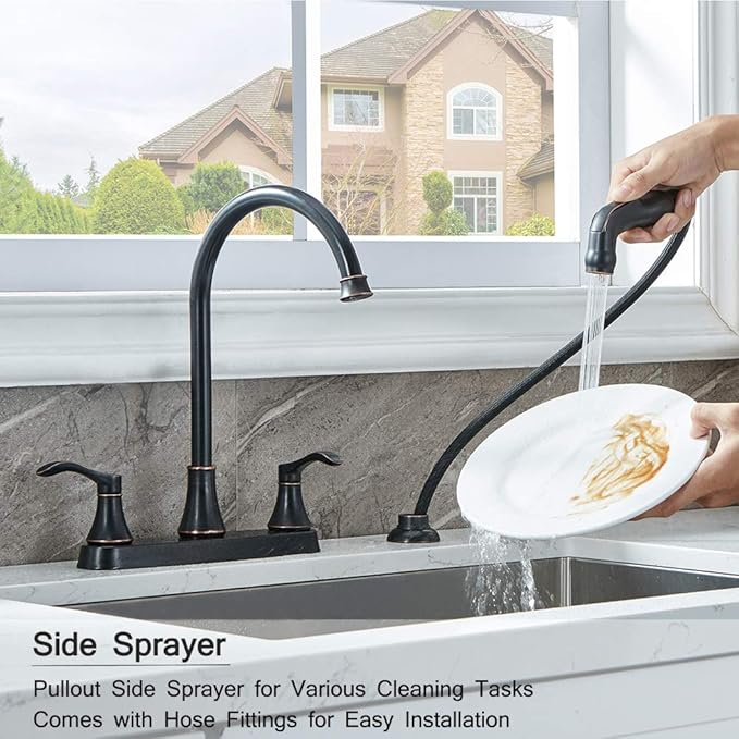 3 Hole or 4 Hole 2 Handle Kitchen Faucet with Side Sprayer, Commercial Lead-Free Oil Rubbed Bronze Kitchen Sink Faucets for Rv Sinks with High-Arc Spout & Side Sprayer, VADR0004H