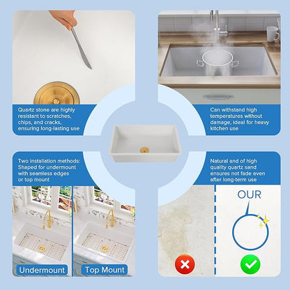Rhbamoa White Bar Sink 18 Inch,White Granite Composite Kitchen Sink 18''x16'',Undermount Small Wet Bar Sinks,Small Single Bowl Quartz Sinks with Accessories