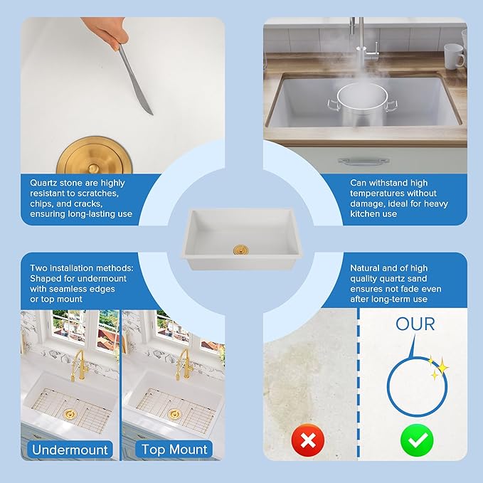 Rhbamoa 32 Inch White Undermount Kitchen Sink,White Granite Composite Kitchen Sink 32''x18'',10 Inch Depth Single Bowl Quartz Sinks with Accessories