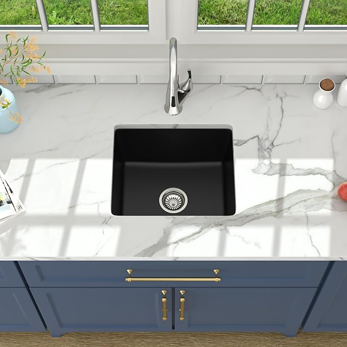Lordear 18 Inch Black Undermount Bar Sink Granite Composite Quartz Single Bowl RV Camper Outdoor Under Counter Kitchen Sinks Basin