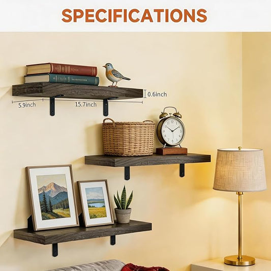 LifetimeWarranty Easy Install Wall Shelves with Brackets,15.7 Inch Wall Mounted Wood Floating Wall Shelf, Small Wall Shelf for Storage&Home Decor, Living Room,Kitchen,Office,Book Corner Shelf,Set of 3