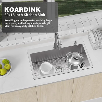 Stainless Steel Drop-In 30x18 Inch Modern Single Bowl Topmount Kitchen Sink Combo - SS Grid, Silicon Mat, Drain Strainer Set - Compatible With Various Kitchen & Bar Styles