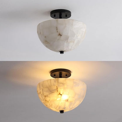 JONATHAN Y 12" White Marbling/Black Modern 2-Light LED Semi Flush Mount Light, Inverted Dome Ceiling Fixture with White Alabaster Shade for Bedroom, Hallway, LED Bulbs Included (JYL1205B)