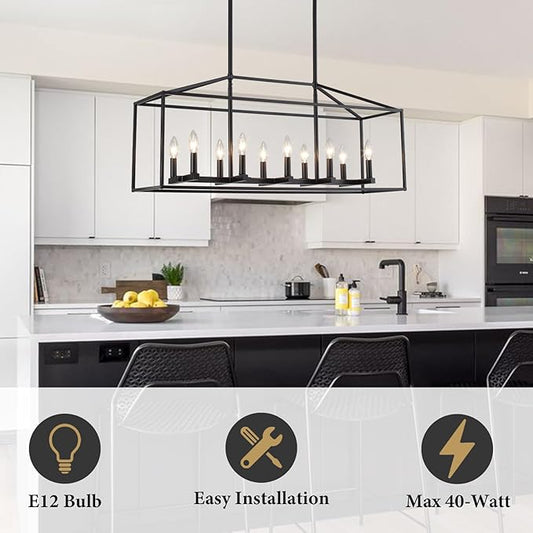Dining Room Light Fixtures 10-Light Kitchen Island Light Modern Farmhouse Chandeliers Adjustable Height Rectangle Large Chandelier Modern Ceiling Light Black Pendant Light
