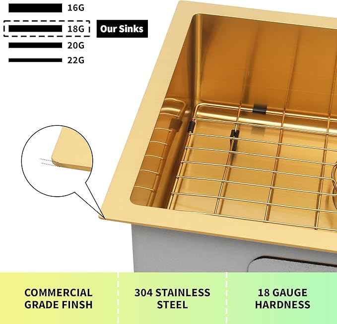 Kitsitchen Gold Ktichen Sink,Gold Undermount RV Kitchen Sink with Strainer & Bottom Gird, 27" x 16" x 7" Stainless Steel Single Bowl Kitchen Sinks Used at RV, Outdoor,Bathroom