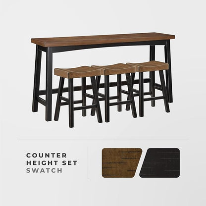 Lexicon Bar Table Set for 3, Small Kitchen Table Set Kitchen Island Table with 3 Saddle Bar Stools, 4 Piece Dining Table Set for Breakfast Nook, Living Room, Apartment, Counter Height, Black/Brown