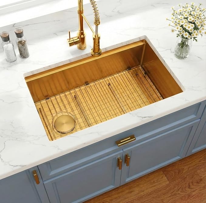 Kitsitchen Gold Undermount Kitchen Sink,16 Gauge SUS304 Stainless Steel Workstation Sink with Accessories, 28 Inch Single Bowl Kitchen Sinks with Round Corner & Offset Drain Design(28" X 18"X 10")