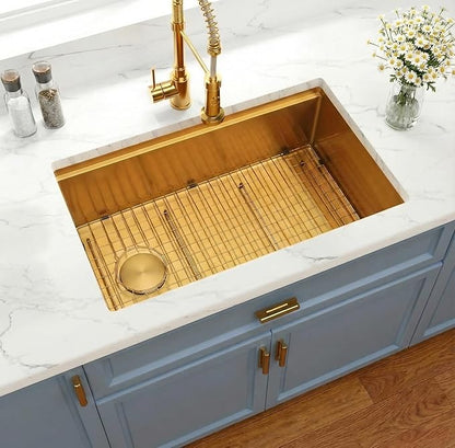 Kitsitchen Gold Undermount Kitchen Sink,16 Gauge SUS304 Stainless Steel Workstation Sink with Accessories, 28 Inch Single Bowl Kitchen Sinks with Round Corner & Offset Drain Design(28" X 18"X 10")