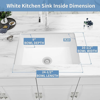 White Kitchen Sink, White Granite Composite Kitchen Sink, 27 Inch Undermount Quartz Stone Kitchen Sinks, 27" x 18" x 9" Single Bowl Kitchen Sinks With Accessories