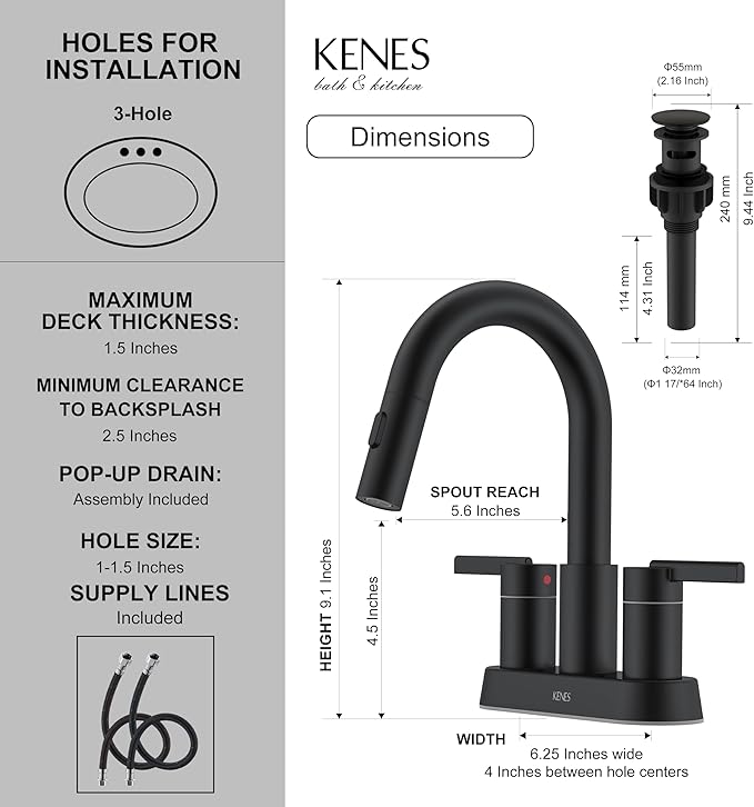 KENES Matte Black Centerset Bathroom Faucet with Pull Out Sprayer, 4 Inch 2 Handle Pull Down Bathroom Faucet 3 Hole, Bathroom Sink Faucet with Pop Up Drain & Supply Lines LJ-9069-2