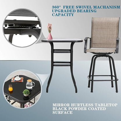Festival Depot 40" Bar Height Outdoor Patio Bistro Table Metal Square Side Table Tempered Glass Top All Weather (31.5"x 31.5"x 41.2"H)